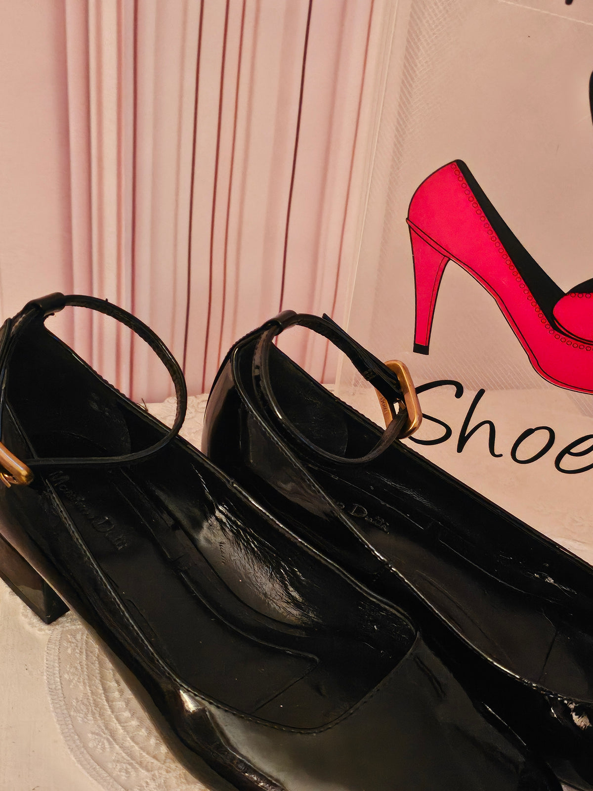 Ladies Black Paitent Massimo Dutti Buckle Ankle Strap Ballet Style Flats