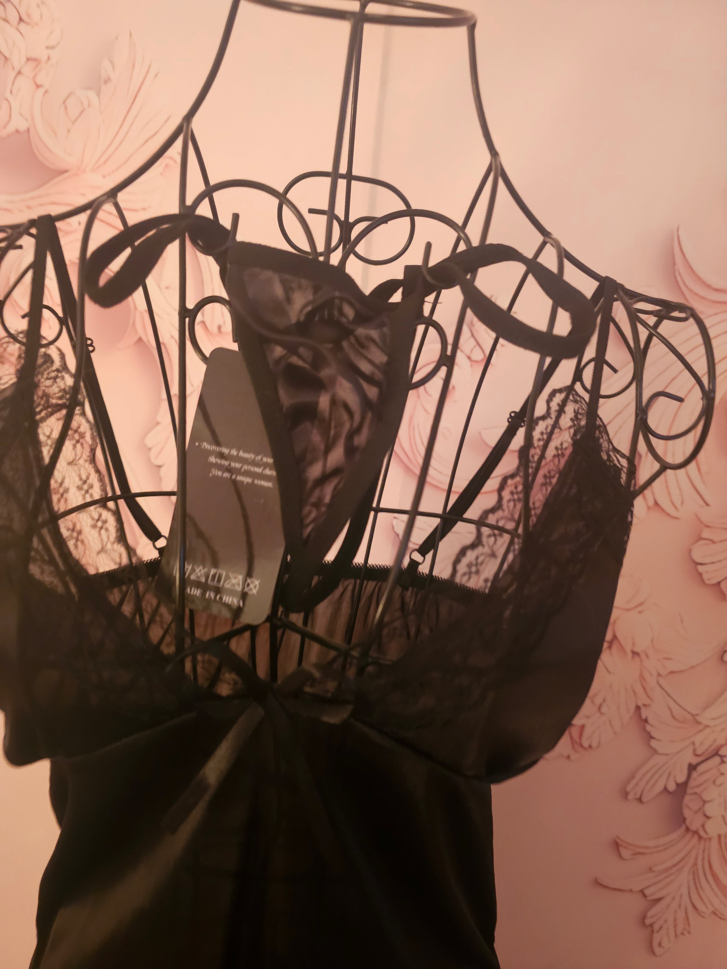 Ladies Black Silky Night Slip with Matching Gstring