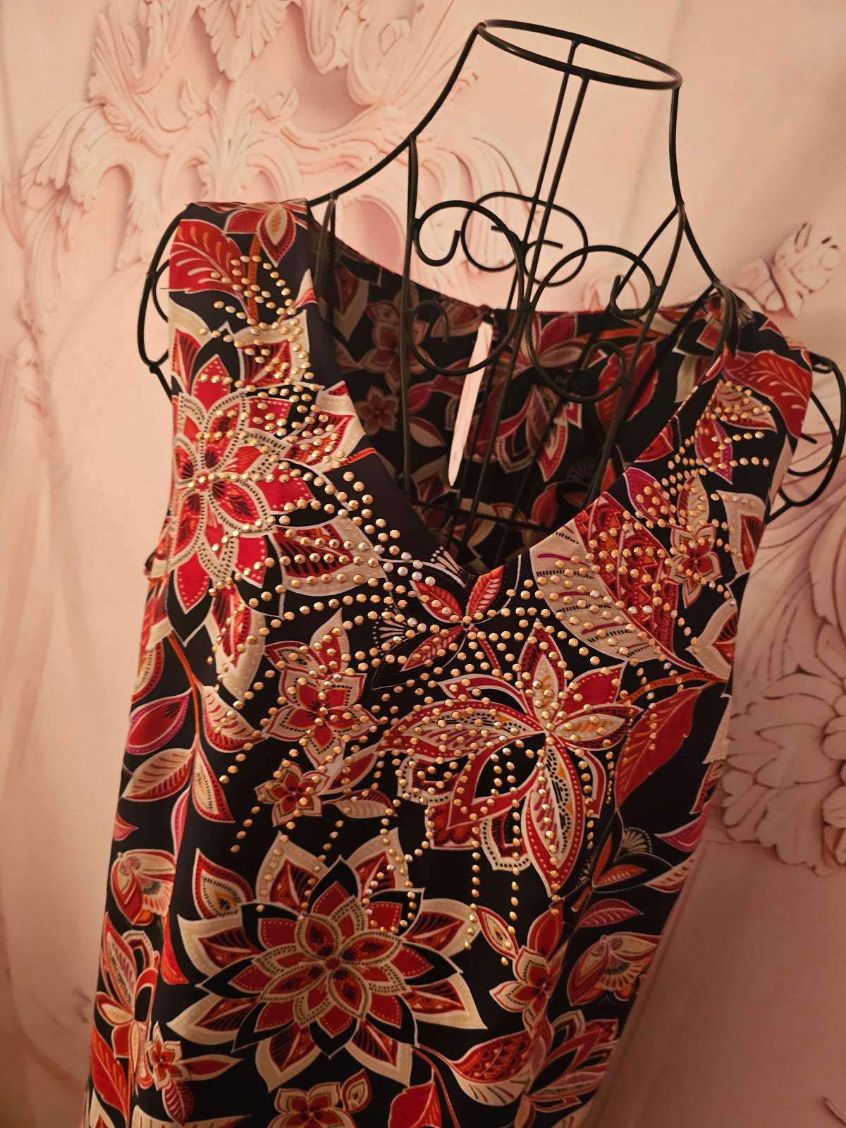 Ladies Red Floral Gold Beaded M &  Co classy dress